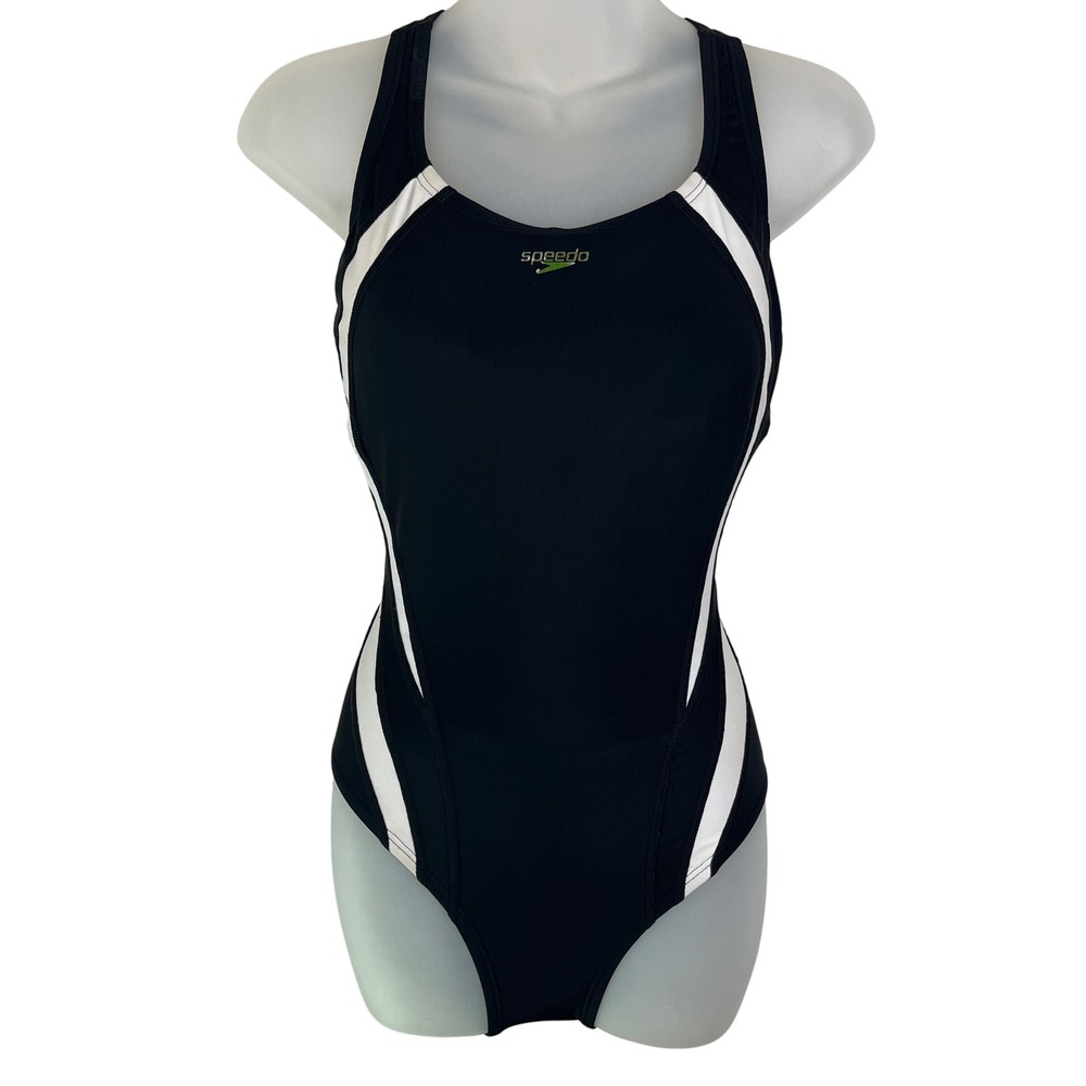 Speedo Womens Black‎ White Hydro Bra One Piece Swimsuit 7723950 Size 8